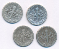 Amerikai Egyesült Államok 1948-1950. 10c Ag 'Roosevelt' (4xklf) T:VF-F patina, kis ph az egyikenUSA 1948-1950. 10 Cents Ag 'Roosevelt' (4xdiff) C:VF-F patina, small edge error on oneKrause KM#195
