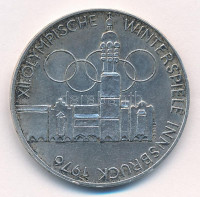 Ausztria 1976. 100Sch Ag 'Téli Olimpia Innsbruck' T:2 patina, karcAustria 1976. 100 Schilling 'Winter Olympics Innsbruck / Building and Olympic logo' C:XF patina, scratchKrause KM#2927