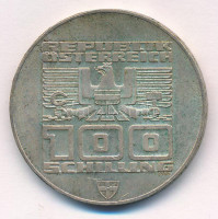 Ausztria 1976. 100Sch Ag 'Téli Olimpia Innsbruck' T:1- patina Austria 1976. 100 Schilling 'Winter Olympics Innsbruck / Building and Olympic logo' C:AU Krause KM#2927