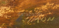 Simon János (1945-): Öböl. Olaj, farost, jelzett, hátoldalán autográf felirattal, fakeretben, 30×60 cm
