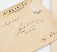 1890 Adorján Ármin, született Auspitz (1867-1938) újságíró, szerkesztő, ügyvéd, a nagyváradi Szabadság c. lap főszerkesztőjének levele Szél Kálmán nagyszalontai esperesnek, Arany János vejének, melyben apja, Szél György, mint