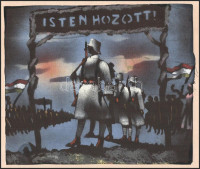 Jelzés nélkül: Isten hozott (erdélyi vagy felvidéki bevonulás magyar katonákkal és lobogókkal). Vegyes technika, szövet, paszpartuban. 18,5x21,5 cm