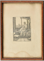 Barthel Beham (1502-1540): Ablakban ülő Szűzanya. XX. század elején készült reprodukciós rézkarc. Üvegezett keretben, kis folttal a szélén. 10,5x8,5 cm