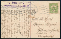 1915 Tábori posta képeslap Turul 5f bérmentesítéssel 'SPERL K. Maschinenjunge I. Jg. DELTA'