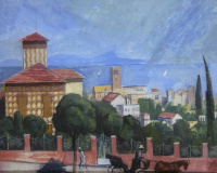Pólya Tibor (1886-1937): Utcakép lovashintóval
