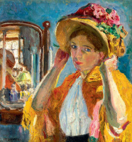 Perlmutter Izsák (1866 - 1932): Kalapos fiatal lány tükör előtt, 1910 körül