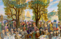 Szabó Vladimir (1905 - 1991): Balatonfüredi korzó a Balaton parton háttérben Tihannyal, 1979