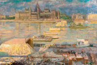 Udvary Dezső (1891 - 1975): Az épülő Budapest (Kossuth-híd, Manci híd), 1946 körül