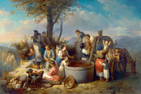 Molnár József (1821 - 1899): Szüret a budai hegyekben (Rózsadomb, háttérben a Gellért-heggyel), 1858