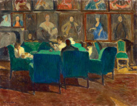 Konstantin Frida (1884 - 1918): A nagyőri kastély könyvtárszobája (A zöld garnitúra, pertóleum lámpa), 1910-es évek