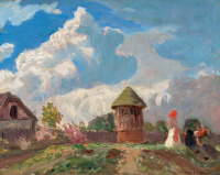 Iványi Grünwald Béla (1867 - 1940): Nagybányai táj napsütötte felhőkkel (A piros kendő), 1900-as évek eleje