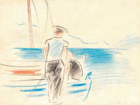 Vaszary János (1867 - 1939): Vízpart, vitorlás, Alassio, 1933