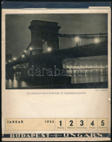 1935 Budapest Ungarn asztali naptár heti bontásban, számos Budapestet és Magyarországot bemutató művészi értékű fotóval, többek közt, Balogh Rudolf, Seidner Zoltán, Csörgeő Tibor felvételei, feltehetően hiányzó fedlappal, első