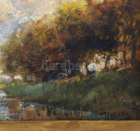 Újváry Ignác (1860-1927): Vízparti táj. Olaj, karton, jelezve jobbra lent. Szélein apró felületi sérülésekkel. Dekoratív fakeretben. 22x30 cm