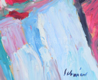 Schéner Mihály (1923-2009): Karnevál. Olaj, farost, jelzett, 50x70 cm Keretben hátoldalán autográf felirattal