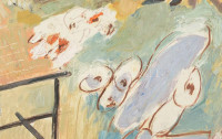 Fáber Gabriella (1903 - 1982): Pesti ház udvarán. Olaj, farost, jelezve balra lent, fakeretben, 50×60 cm / oil on wood fibre, signed, framed