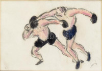 Boris László (1897-1924), 5 db mű: Boksz-sorozat I-V. Vegyes technika, papír, mind jelzett. Hátoldalán Haas Galéria kiállítási címkéivel. Üvegezett fa keretben, 15×22 cm / László Boris (1897-1924), 5 works of art: Box-series I-V.