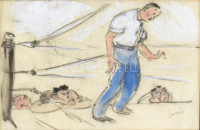 Boris László (1897-1924), 5 db mű: Boksz-sorozat I-V. Vegyes technika, papír, mind jelzett. Hátoldalán Haas Galéria kiállítási címkéivel. Üvegezett fa keretben, 15×22 cm / László Boris (1897-1924), 5 works of art: Box-series I-V.