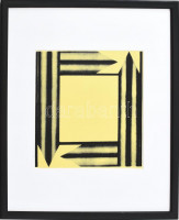 Hencze Tamás (1938-2018): Geometrikus kompozíció (cím nélkül). Szitanyomat, papír, jelzés nélkül. Üvegezett fakeretben. 20x19 cm / Tamás Hencze (1938-2018): Geometric composition (untitled). Screeprint on paper, unigned. Framed with