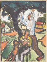 Vörös Géza (1897-1957), össz. 3 db mű: Szilvaszedő, Család, Jelenet. Tempera, tus, papír. 2 db jelzett, 1 db jelzés nélkül. 13x11 cm, 13x6 cm, 10x9 cm.A művész által készített, eredeti, üvegezett fakeretben. Vörös Géza korai