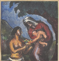 Vörös Géza (1897-1957), össz. 3 db mű: Szilvaszedő, Család, Jelenet. Tempera, tus, papír. 2 db jelzett, 1 db jelzés nélkül. 13x11 cm, 13x6 cm, 10x9 cm.A művész által készített, eredeti, üvegezett fakeretben. Vörös Géza korai