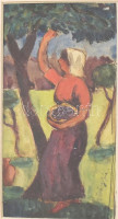 Vörös Géza (1897-1957), össz. 3 db mű: Szilvaszedő, Család, Jelenet. Tempera, tus, papír. 2 db jelzett, 1 db jelzés nélkül. 13x11 cm, 13x6 cm, 10x9 cm.A művész által készített, eredeti, üvegezett fakeretben. Vörös Géza korai