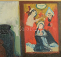 Kántor Andor (1901-1990): Csendélet ikonnal, 1963. Olaj, vászon, jjl: Kántor Andor 63. 70x90 cm. Hátoldalán Képcsarnok Vállalat címkéjével. Fakeretben.