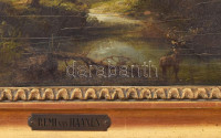 Remi (Remy) van Haanen, Remigius Adrianus van Haanen (1812-1894): Szarvas a vízben. Olaj, fatábla. Jelezve jobbra lent: R H 73.. Hátoldalán düsseldorfi művészellátó A. Chramosta bélyegzőjével. Üvegezett fakeretben, 25x34 cm / Remi