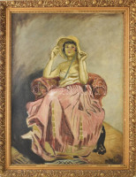 Márk Lajos (1867-1940): Dáma fotelben (vázlat). Olaj, vászon, kartonon jelezve jobbra lent. Proveniencia: Orosz Péter, a 2007-ben megjelent Márk Lajos kötet szerzőjének és családjának gyűjteményéből. Dekoratív, kissé sérült