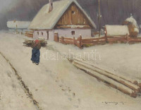 Rubovics Márk (1867-1947): Hazafelé. Olaj, vászon, jelzett. Dekoratív, kissé sérült fakeretben. 33,5×46 cm