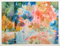 Gulyás Dénes (1927-2003): Tüzijáték Budapesten, háttérben a Parlamenttel. Vegyes technika, farost, jelezve jobbra lent. Fakeretben. 60x80 cm