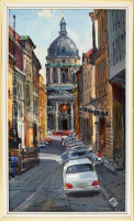 Sütő János (1933-2019): Budapest, Bazilika. Olaj, farost. Jelzett. Hátoldalán autográf felirattal. Fakeretben. 75x45 cm / Oil on wood fibre, framed.