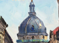 Sütő János (1933-2019): Budapest, Bazilika. Olaj, farost. Jelzett. Hátoldalán autográf felirattal. Fakeretben. 75x45 cm / Oil on wood fibre, framed.