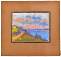 Almási Gyula Béla (1908-1976): Tihany, 1934. Pasztell, papír, jelezve balra lent, papírra kasírozva, jobbra lent Almási Gyula Béla autográf ajándékozási soraival 1935-ből. 18x22,5 cm