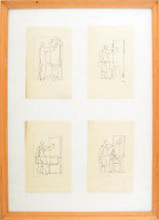Aczél Ilona (1929-2000), 4 db rajz egy keretben: Festő a műteremben. Tus, papír, jelzés nélkül. Üvegezett fakeretben. 21x13,5 (x4) cm.