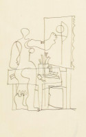 Aczél Ilona (1929-2000), 4 db rajz egy keretben: Festő a műteremben. Tus, papír, jelzés nélkül. Üvegezett fakeretben. 21x13,5 (x4) cm.