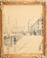 Alexander Begrov (Beggrov) (1841-1914): Szentpétervári kikötő. Akvarell, karton. Jelzett 22x27 cm hozzá keret, melyből kijár / St Petersburg port. Watercolor, cartboard. Signed. with frame.