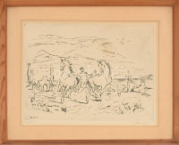 Borsos Miklós (1906-1990): Futtatás. Rézkarc, papír, jelzett, üvegezett fakeretben, 29×39 cm