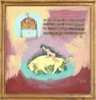 B. Séday Mária (1925-2009): Európa elrablása Ady idézettel. Olaj, farost, jelzett. Kissé kopott, fa keretben. 55×53 cm