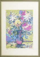 Bordás Ferenc (1911-1982): Csokor. Linómetszet, papír, jelzett Üvegezett fa keretben, 35x25 cm