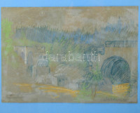 Bardócz Árpád (1882-1938): Viadukt, 1916. Vegyes technika, papír, jelzett. Dekoratív, üvegezett fakeretben. 21,5x31,5 cm