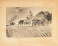 Bathó Lajos (XX. sz. első fele): Templom építése. Tus, papír, paszpartuban. 32x47 cm.