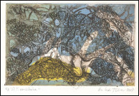 Csikós Tibor (1957-): 'D.T. emlékére'. Színes rézkarc, papír, jelzett, művészpéldány EA jelzéssel, lap alja tépett (mű ép), 8x12,5 cm