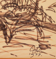 Cs. Kovács László (1929-2001): Balatoni terasz, 1977. Filctoll, papír, jelzett, üvegezett fakeretben, 36×48,5 cm.