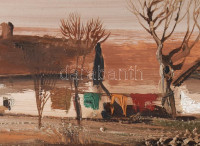 Csikós András (1947-2006): Március. Olaj, farost, jelezve jobbra lent, hátoldalán autográf felirattal, fakeretben, 28x48 cm
