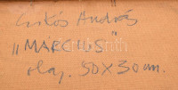 Csikós András (1947-2006): Március. Olaj, farost, jelezve jobbra lent, hátoldalán autográf felirattal, fakeretben, 28x48 cm