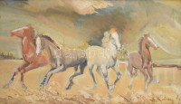Cs. Pataj Mihály (1921-2008): Lovak, Olaj, farost, jelzett. Fakeretben kereten kis sérüléssel , 38x48 cm