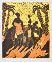 Dukai Zsófia (?-): Közben, 2005. Linómetszet, papír, jelzett, számozott (5/10), 19,5x16,5 cm