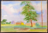 Dely István (?-?): Házak a tájban, akvarell, papír, jelzett, lap szélén paszpartuzás nyomaival, 26,5×39 cm