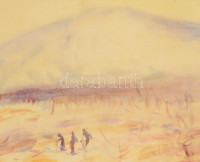 Diósy Antal (1895-1977): Dobogókő, sielők. Akvarell, papír, jjl.: Diósy Antal - Dobogókő. 29x41 cm, keretben